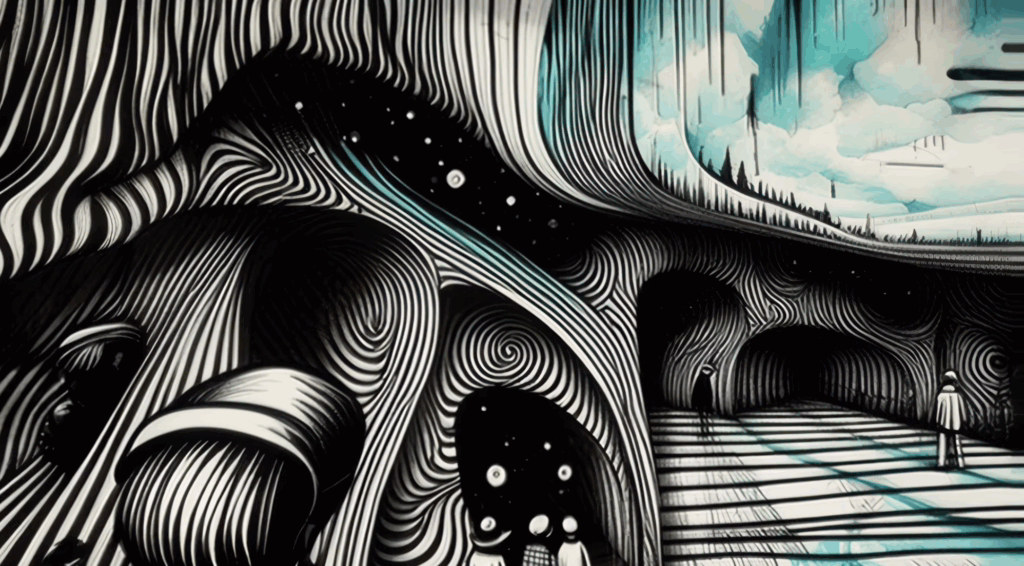 A monochromatic, architectural tunnel of swirling lines with a cloaked figure, ideal for deep psychedelic exploration.